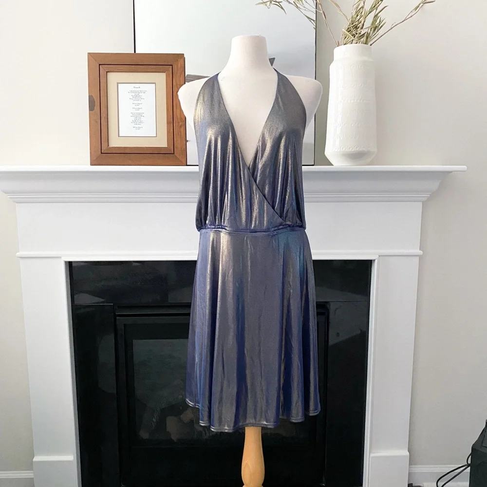 ❗️FINAL PRICE CLOSET CLOSING Halston Heritage Blue Gold Metallic Halter Dress - Picture 1 of 8